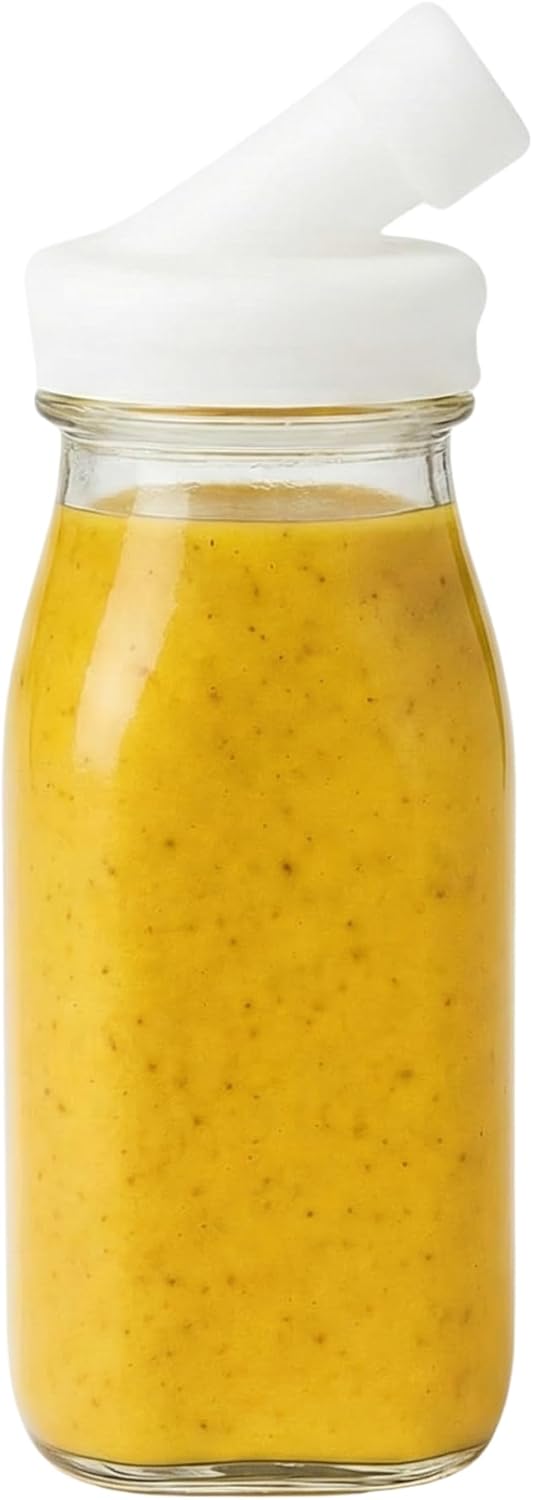 kitchentoolz Salad Dressing Shaker Bottle - 12oz Glass Salad Dressing Dispenser Container with Silicone Pour Spout for Sauces, Ranch, and Marinades - Pack of 4