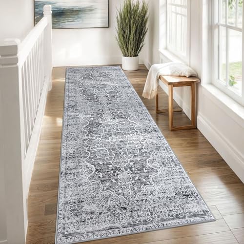 KUTA Washable Kitchen Runner 3x8, Grey White Non Skid Washable 8ft Rug, Printed Vintage Distressed Tribal Area Rugs Ultra Soft Carpet Runners for Bedroom Living Room