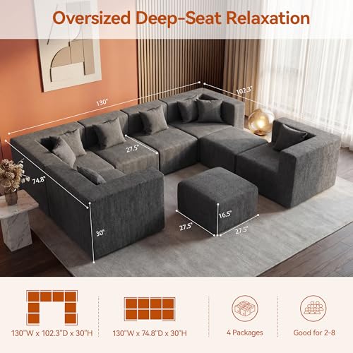 Image of MONVANE Modular Sectional Sofa, Oversized 8 Seat Convertible U Shaped Couch with Ottoman, Comfy Chenille Cloud Couch with Deep Seat, Sectional Couches for Living Room, No Assembly Required, Grey