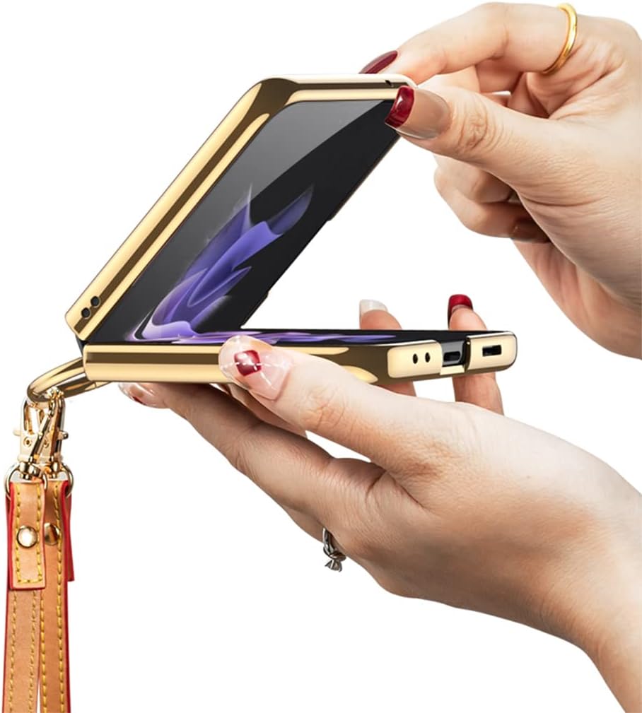 for Z Flip4 5G 2022 case 360°with Ring Luxury Electroplated PU Leather Cover Compatible with Samsung Galaxy Z Flip 4 5G Case Built-in Screen Protector Camera Phone Case (C-Purple)