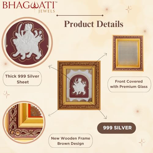 Image of 999 Pure Silver Durgamaa Frame | Divine Home Decor | Wall Mount Square Photo for Gift, Wooden PhotoFrame for Temple & OfficeDecor, SilverGift Items | hangingframe (10.50 inch x 9 inch Inch)