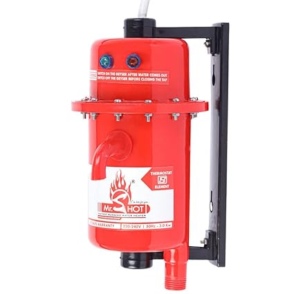 Mr.SHOT Economy Automatic Instant Water Heater - 3000W, PP (Polypropylene) Plastic, Auto Cut-Off, Auto Reset, Threaded Inlet, ISI Certified Heating Element, Red, Instant Geyser for Home