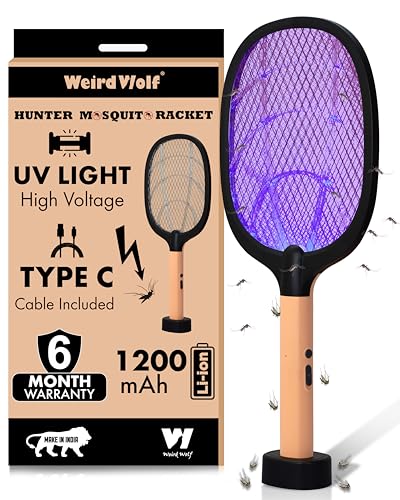 WEIRD WOLF 2 in 1 UV Light Mosquito Bat Racket Electric Fly Swatter with Base Stand, Lithium Battery, USB Type-C Charging, Warranty, Peach/Black (Image - 1)