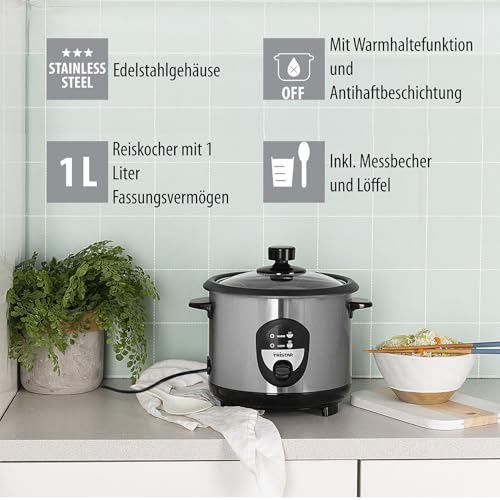 Tristar RK-6126 Reiskocher, 1L, Reis für bis zu 5 Personen ohne Anbrennen, Mit Warmhaltefunktion, 400W, Edelstahl 5