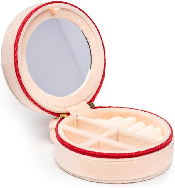 Living Royal Jewelry Travel Case – Portable Box with Mirror and Zipper for Rings, Necklaces, Earrings, Bracelets (Cherry)