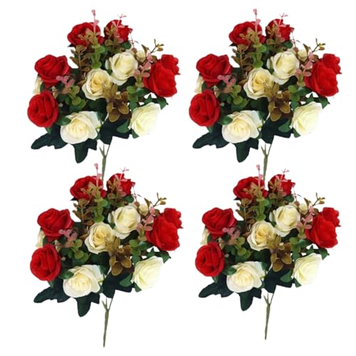 Peosaard Artificial Cemetery Flowers,Cemetery Flowers for Grave,4 Bunches Mothers Day Memorial Flowers,12 Flower Heads Outdoor Grave Flower Decorations for Grave Vase Cemetery Decor/11.8 - Red