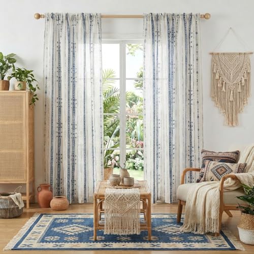 Conkov Navy Blue and White Curtains 63 Inch Length 2 Panels Set,Vintage Boho Print Semi Sheer Linen Curtains for Living Room,Rod Pocket Window Treatment Drapes,52" W X 63" L,Dark Indigo Blue