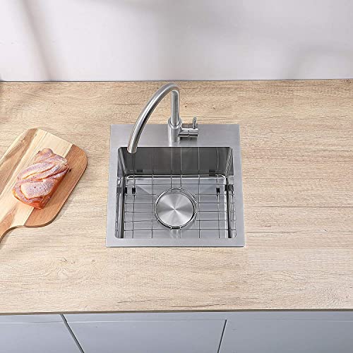 Vapsint 15X15 Inch 304 Stainless Steel Drop In Wet Bar Sink,Single Bowl Topmount Prep Rv Small Kitchen Sink With Grid And Drain #TOP6
