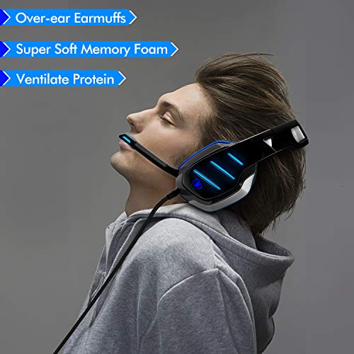 PS4 Gaming Headset with Mic, Beexcellent Newest Deep Bass Stereo Sound Over Ear Headphone with Noise Isolation LED Light for PC Laptop Tablet Mac (Blue)