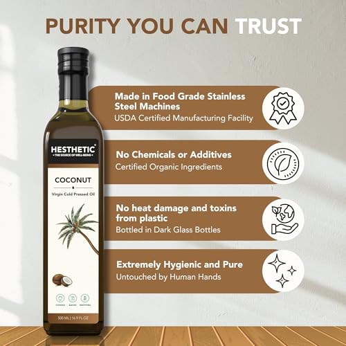 Image of HESTHETIC Cold Pressed Virgin Coconut Oil 1L | Pure Nariyal Tel (VCO) | Unrefined Food-Grade Coconut Oil for Cooking, Baking & Kerala Cuisine | Glass Bottle