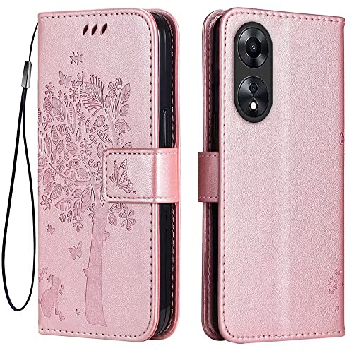 Topme Custodia In Pelle Per Oppo A58 (4G) (6.72" Inches), [ Cover Per Telefono In Stile Gatto E Albero] - Oro Rosa