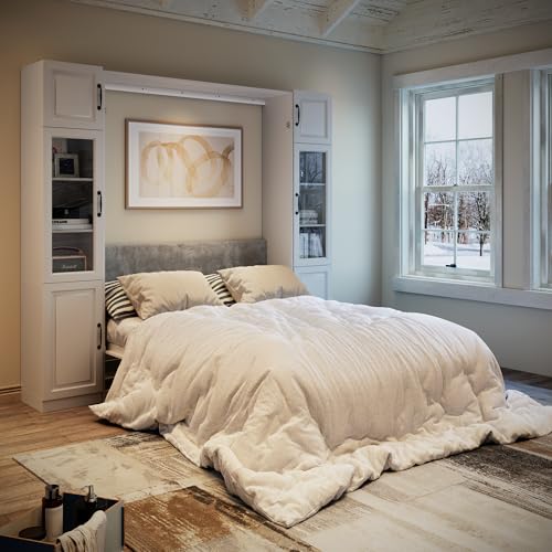 Bobve Farmhouse Murphy Bed Queen,85" Wall Bed Folds to Save Space,Concealed Bed Frame with 2 Glass Storage Cabinets(Small) and Wall Mounted Features for Apartment/Office/Guest Room