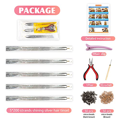 Hair Tinsel Kit With Tools And Instruction Easy To Use 1000 Strands 47 Inches Glitter Tinsel Hair Extensions For Women And Girls, Sparkling Shinny Fairy Hair Accessories For Christmas New Year Halloween Cosplay Party (Silver) #TOP2