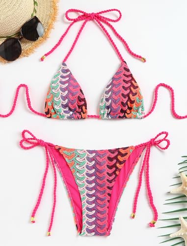 Image of ZAFUL 2 Piece Triangle Bikini for Women Knitted Rope Halter Bikini Sets Sexy Bathing Suit Side Tie Swimsuits Beachwear