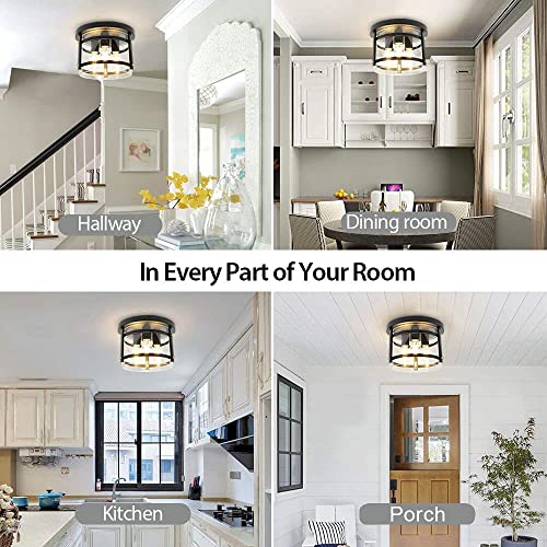 Dllt Industrial Flush Mount Ceiling Light, 3-Light Vintage Farmhouse Glass Light Fixture, 11.8 Inch Black Metal Close To Ceiling Lights For Entryway Hallway Kitchen Bedroom Dining Room, E26 Base #TOP1