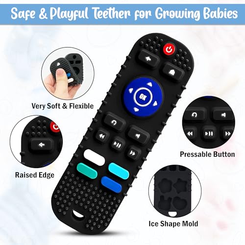 Image of GLUN BPA Free Silicone Remote Shape Teether For Growing Babies, Pack of 1 Black Colour Remote Teether for 6 To 12 Months Baby, Helps Biting Skills Development, Colour & Shape Recognition, Toys For Babies