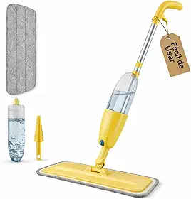 Mop Spray 3 em 1 com Reservatório 400ml, Esfregão Mágico com Pulverizador, Lava Enxágua e Seca, Cabeça Giratória 360°, Cabo Telescópico, Mop de Limpeza para Casa, Cozinha e Banheiro (Amarelo)