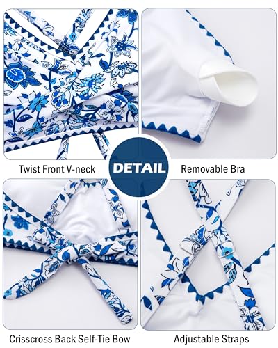 Teen Bathing Suits for Girls 14-16 Junior Crisscross Tie Back Bikini Tops High Waist Swim Bottom Swimsuit Sets Two Piece Big Kids Swimwear Blue Floral — view 4