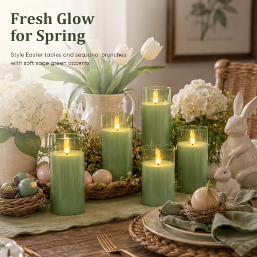 Image of Homemory Sage Green Flameless Candles, Acrylic LED Pillar Candles with Remote Timer, Set of 5