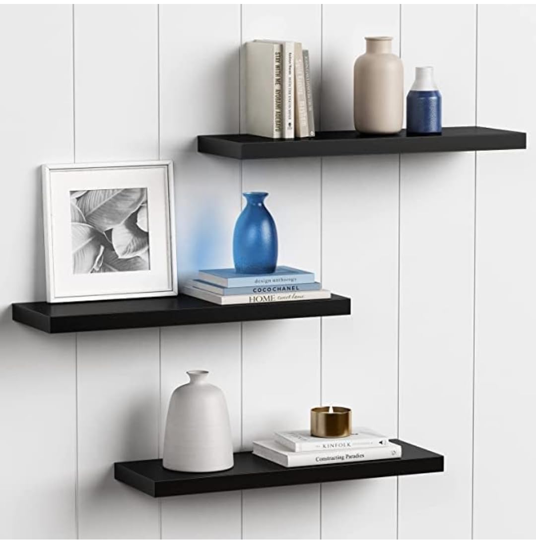 Floating Shelves, 17 Inch Wall Shelf Set of 3, Rustic Wood Shelves for Wall Storage, Wall Mounted Wooden Display Shelf for Bathroom Bedroom- Brown