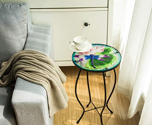 Cedar Home Side Table Outdoor Garden Patio Metal Accent Desk With Round Hand Painted Glass, Blue #TOP3