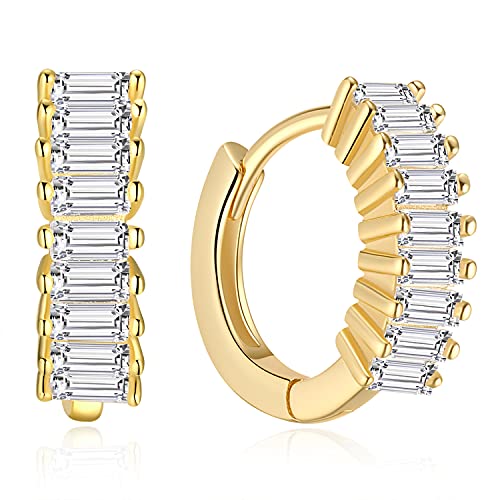 18K Gold Plated Baguette Cz Hoop Earrings | Sterling Silver Small Gold Hoops 10Mm | Everyday Minimalist Earlobe Or Cartilage Second Hole Earrings #TOP26