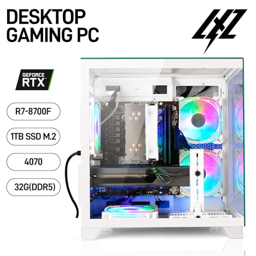 Image of LXZ Gaming PC Desktop AMD Ryzen 7 8700F | 32GB DDR5 RAM | GeForce RTX 4070 | High-Performance Gaming & Design Computer (White)