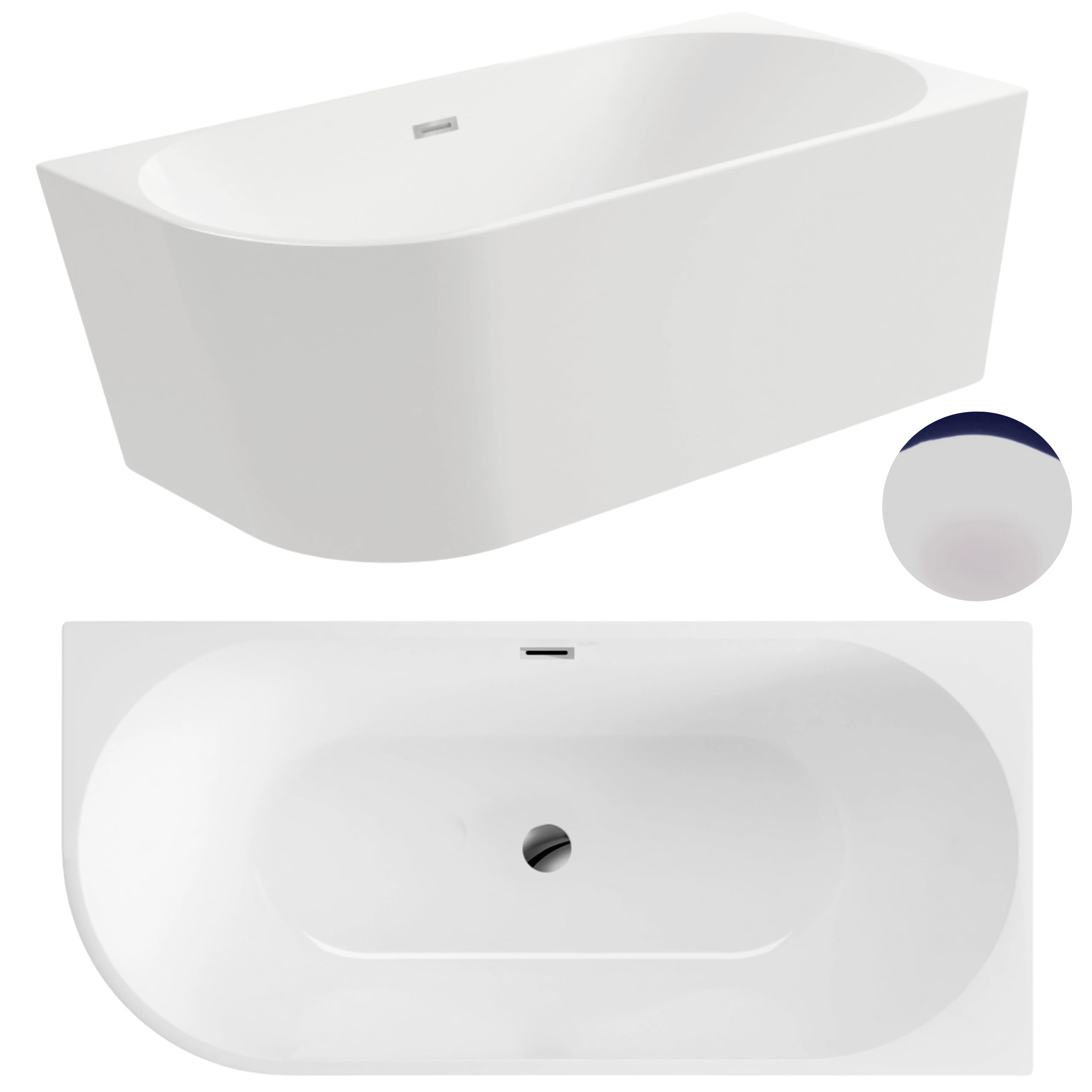 Aquauno, vasca angolare indipendente a destra, 170 x 80 cm, ovale in acrilico sanitario di alta qualità, design acrilico con scarico a clic, troppopieno, telaio in acciaio, copertura e scarico cromato