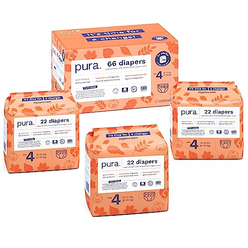 Image of Pura Size 4 Diapers, 66 Count, Unisex, Organic Cotton, Leak-Free, Plant-Based, Dermatologically Tested, Allergy-Certified, Carbon Neutral, B-Corp