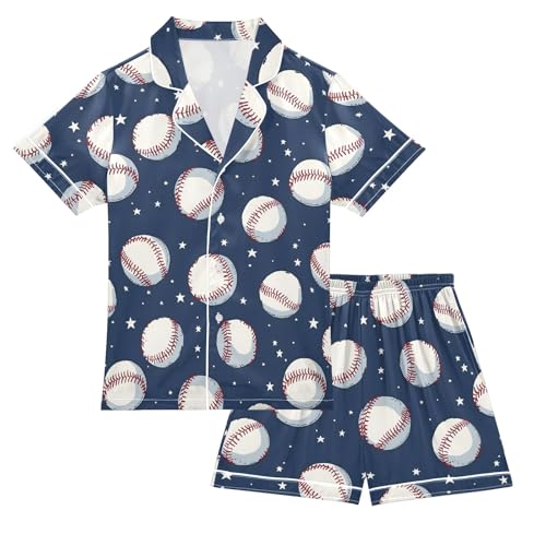 Baseball Pattern Summer Satin Pajama Set, Cute Button-Down Sleepwear Pj Set for Sleep Wears