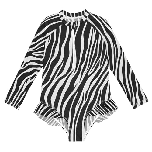 ALAZA Swimsuit for Girls Long Sleeve Rashguard Bathing Suit White Black Zebra-Stripe Quick Dry 4T