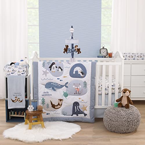 Image of NoJo Arctic Adventure Light Blue, White, Taupe and Navy Whales, Walrus, and Otter 4 Piece Nursery Crib Bedding Set - Comforter, 100% Cotton Fitted Crib Sheet, Crib Skirt, and Storage Caddy