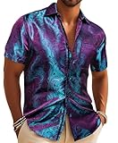 Barry.Wang Men's Silk Shirt Paisley Floral Short Sleeve Button Down Dress Shirts Formal Casual Wedding Party Purple Teal