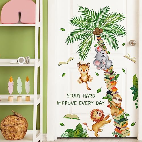 Giant Coconut Book Tree Wall Decals Lovely Jungle Animals Wall Stickers Diy Removable Green Leaves Vine Safari Forest Animals Wall Decor For Kids Teens Bedroom Living Room Nursery Decoration Dt-4289 #TOP17