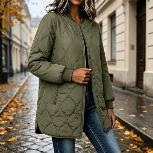 fartey Overcoat for Women Quilted Zip up Coat Casual Loose Jacket Hem Slit - image 3