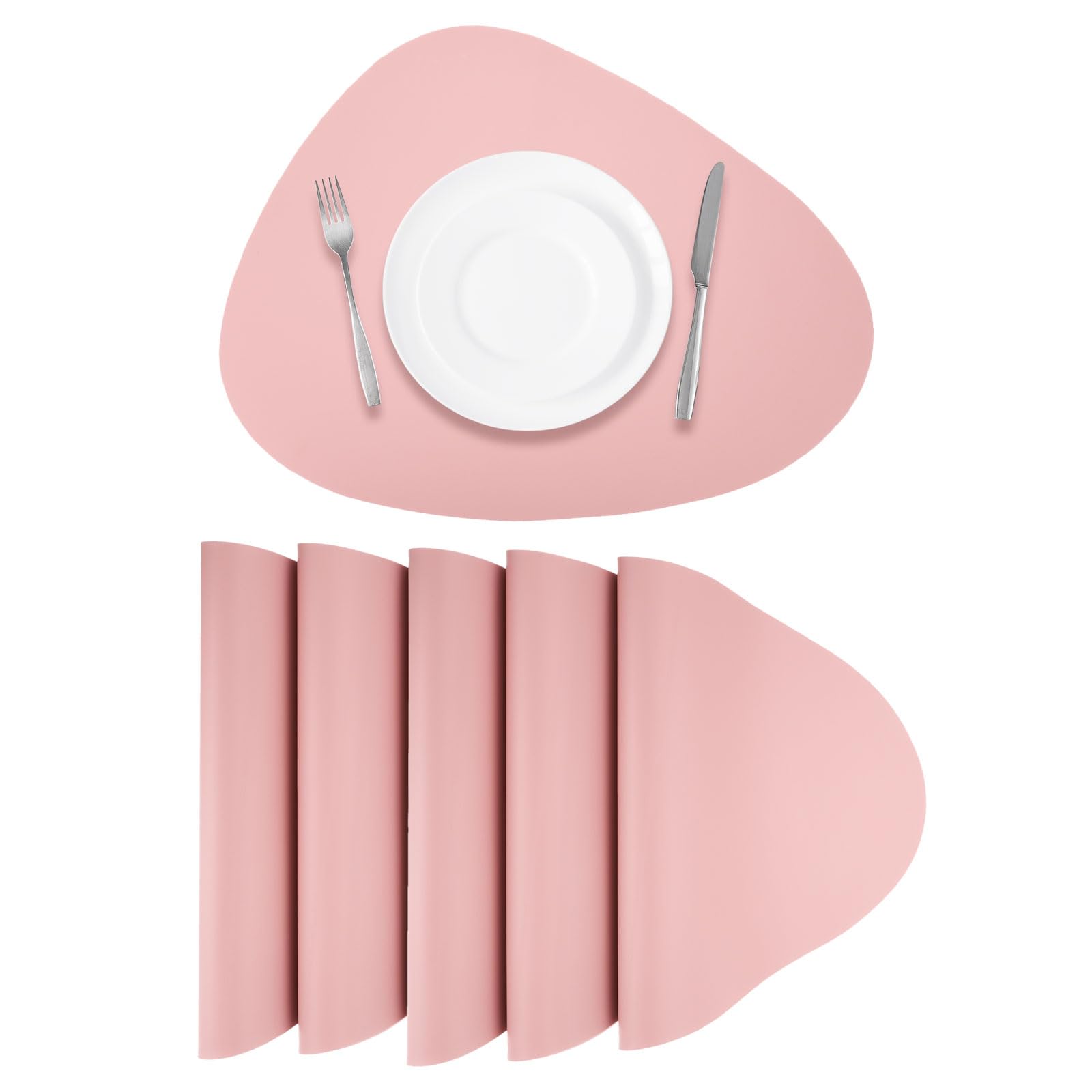 QUARKZMAN 6pcs Sets De Napperons en Simili Cuir pour Table À Manger, Napperons en PU Cuir en Forme De Larme Résistants À La Chaleur Imperméables Anti-Taches Napperons De Cuisine, Rose