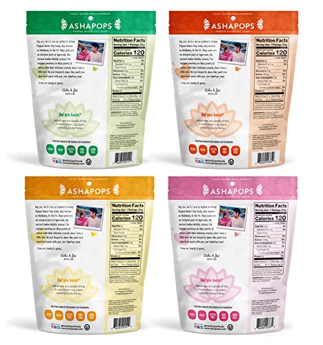 Ashapops Variety Pack Popped Water Lily Seeds - Gluten Free | Vegan | Paleo | Kosher Ou| Soy Free | 1 Oz | (Pack Of 4 Bags) #TOP1