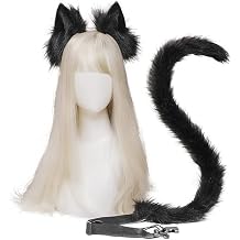 Faxianther Furry Cat Ear Headband Long Tail Set Women Halloween Costume Props Accesorry Set Fancy Dress Party Cosplay Animal Ears Headpiece Cat Tail Kit