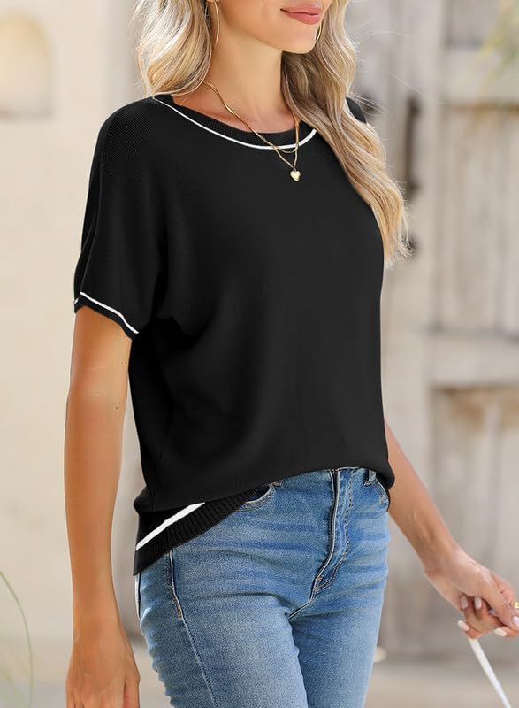Image of SHEWIN Womens Tops Trendy Short Sleeve Shirts Crewneck Lightweight Knit Sweater Top Business Casual Outfits