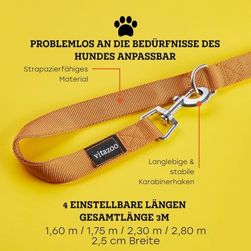 Vitazoo Hundeleine zum Trainieren - 3m - Nylon Graphit Doppelleine für kleine, mittelgroße & große Hunde - verstellbare Leinen bis 4 Verschiedene Längen - Braun