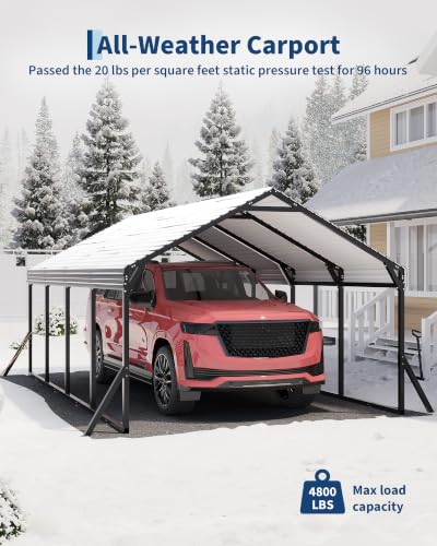 Image of GarveeLife 12x20x9 ft Metal Carport, Steel Car Port | Reinforced Frame / Regular Roof / All-Weather Use / Permanent Shelter for Pickups, Sedans, SUVs, or Boats