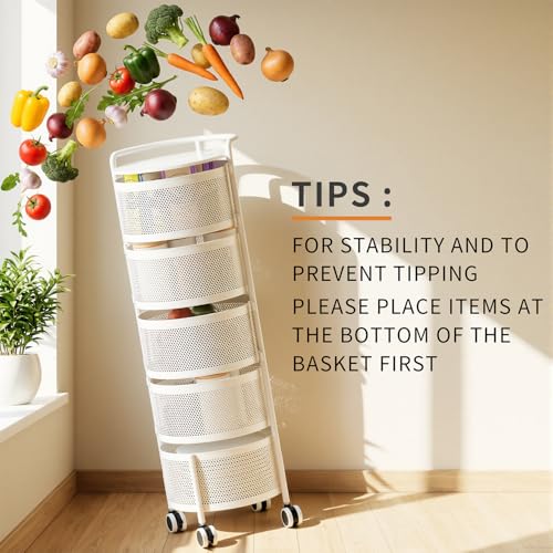 Image of JAQ No Assembly 5-Tier Kitchen Storage Cart with Wheels, Rotating Produce Organizer for Onion, Potato & Vegetable Storage, Large Capacity Pantry Rack, White