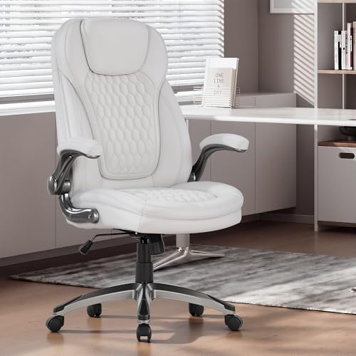 Image of COLAMY High Back Executive Office Chairs Set of 2, Ergonomic PU Leather Desk Chairs with Flip-Up Armrests, Adjustable Height, Lumbar Support, Comfortable Computer Chairs for Home Office, White