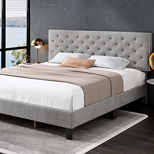 Hostack King Size Bed Frame, Modern Upholstered Platform Bed With Adjustable Headboard, Heavy Duty Button Tufted Bed Frame With Wood Slat Support, Easy Assembly, No Box Spring Needed (Grey, King) #TOP3