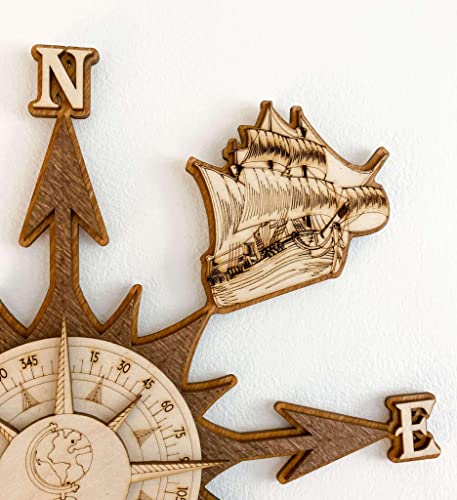 68travel Brújula de madera 3D – Decoración de pared – multicapa, madera teñida multicolor – Para sala de estar, oficina, dormitorio (19 cm)