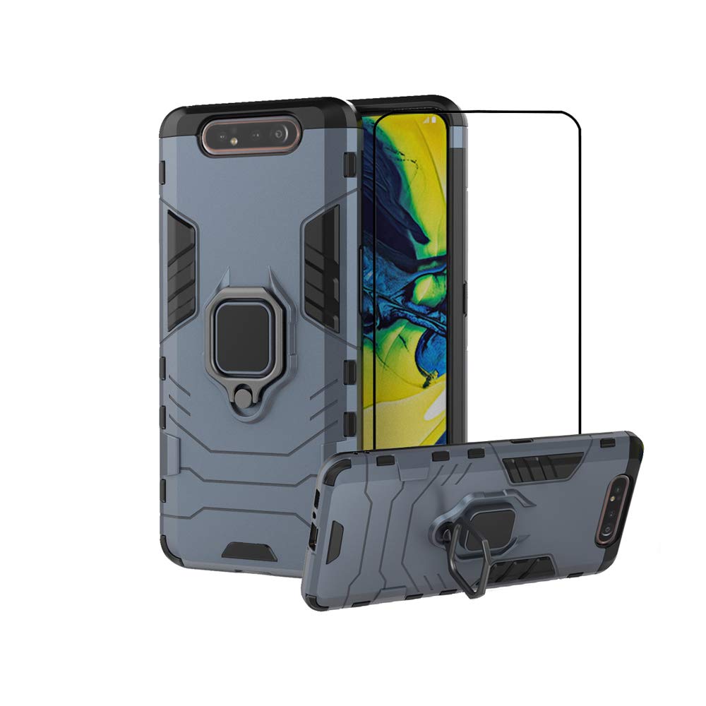2ndSpring Case for Samsung Galaxy A80 / A90 + Tempered Glass Screen Protector,Hybrid Heavy Duty Protection Shockproof Defender Kickstand Armor Case Cover,Navy