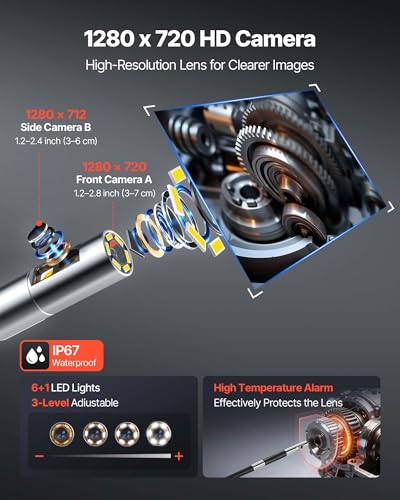 Image of VEVOR Dual-Lens Articulating Borescope with Light, Two-Way Articulated Endoscope, 0.24 inch Slim Lens, 5 inch HD IPS Spilt-Screen, 8X Zoom, IP67 Inspection Camera for Auto, Mechanical Equipment