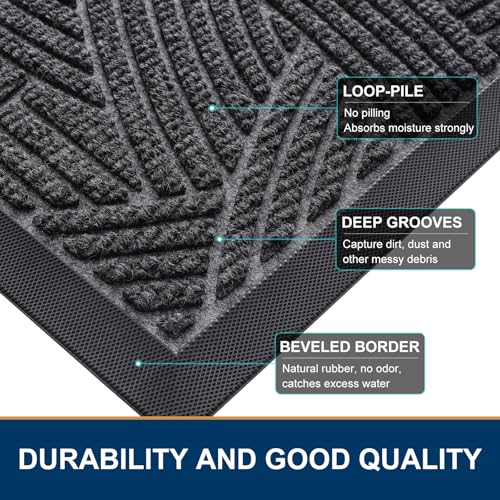Image of Smiry Front Door Mat Outside Entrance, Heavy Duty Sturdy Natural Rubber Doormat, Trap Dirt and Moisture, Easy Clean Low Profile Mats for Indoor Outdoor Entry, Interwoven Stripes 29.5x17, Grey