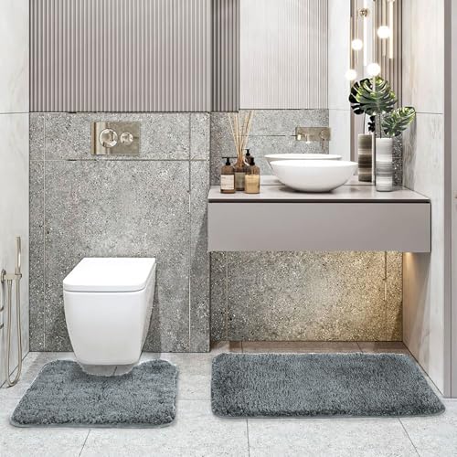 Image of LUXE HOME INTERNATIONAL Polyester Contour Bath Mat - Washable, Anti Skid, Water Absorbent Contour Mats for Bathroom, Toilet, Wash Basin & Bathroom Contour Mat Set (Grey, 45x 75 cm & 40x45)