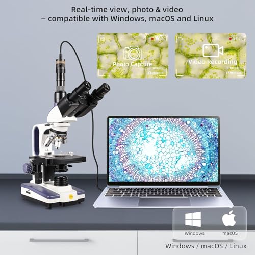 Image of SWIFT Trinocular Compound Microscope SW350T,40X-2500X Magnification,Siedentopf Head,Research-Grade,Two-Layer Mechanical Stage,1.3mp Camera and Software Windows and Mac Compatible | Mechanical Stage,100 PCS Blank Slides and Cover Slips, Research Lab Grade for Professional,Software Compatible